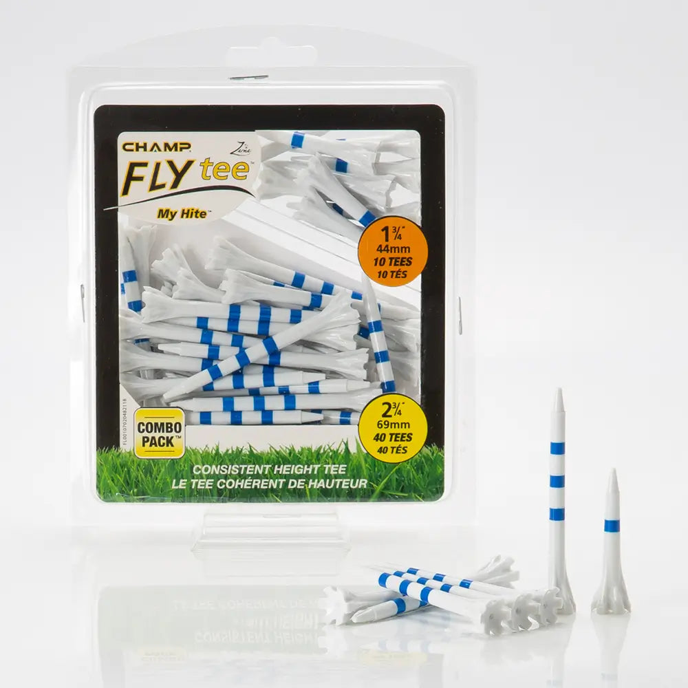 Packaged golf tees with visible branding on a white background