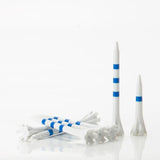 Golf tees with blue stripes on a white background