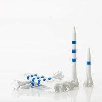 Golf tees with blue stripes on a white background