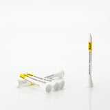 White golf tees with yellow labels on a white background