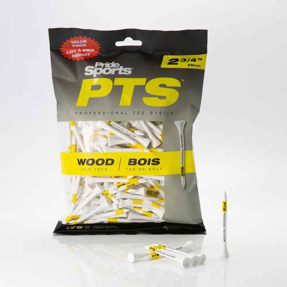 Package of Pride Sports PTS golf tees with a white background