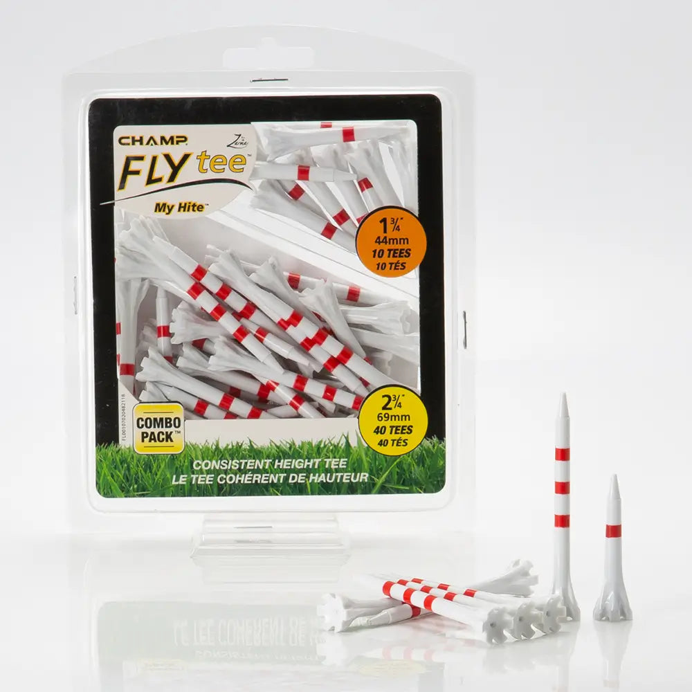 Packaged golf tees with red stripes on a white background