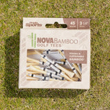 Black and gray striped nova bamboo packaging on green turf. 