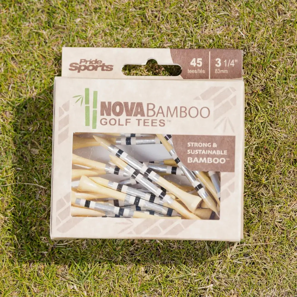 Black and gray striped nova bamboo packaging on green turf. 