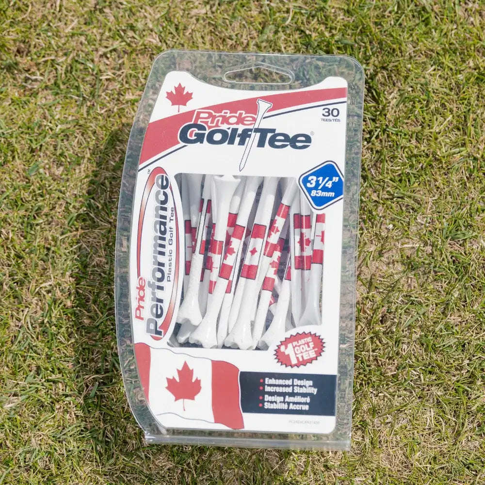 Pride Performance canadian golf tees on green turf. 