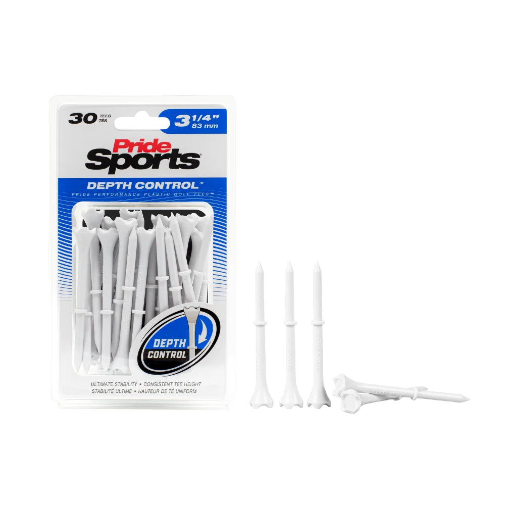 A pack of 30 pride sports white plastic golf tees with depth control feature, measuring 3 1/4 inches.
