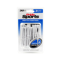 A pack of 30 pride sports white plastic golf tees with depth control feature, measuring 3 1/4 inches.