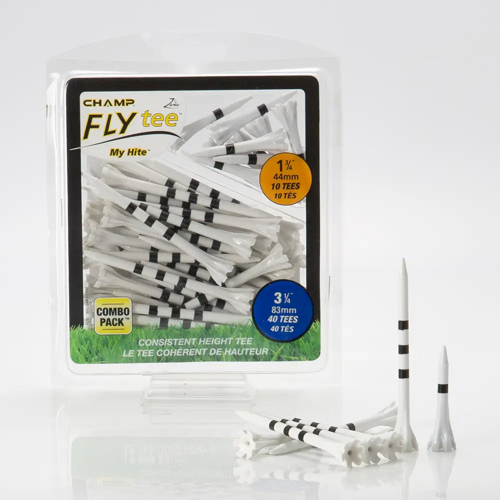 Packaged golf tees with black and white stripes on a white background