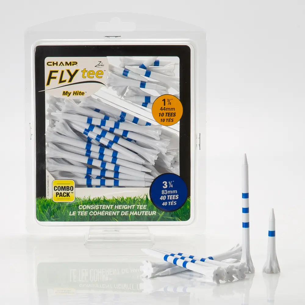 Packaged Champ Fly Tee set with golf tees on a white background