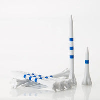 White golf tees with blue stripes on a white background