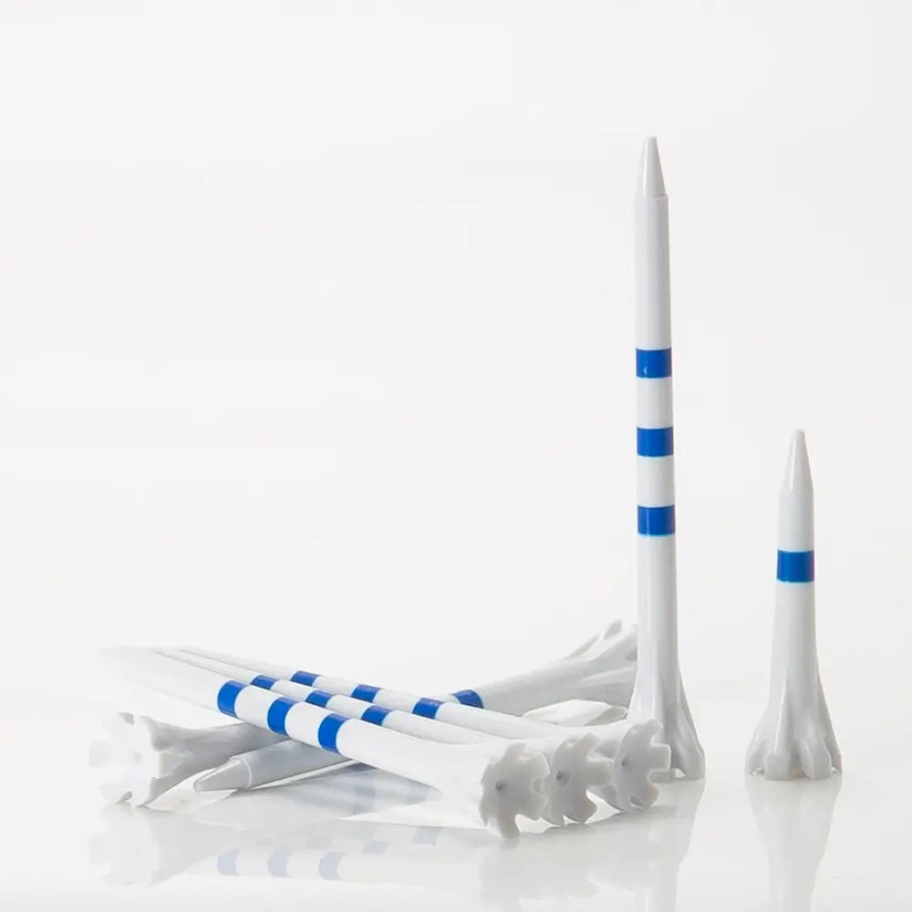 White golf tees with blue stripes on a white background