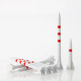 White golf tees with red stripes on a white background