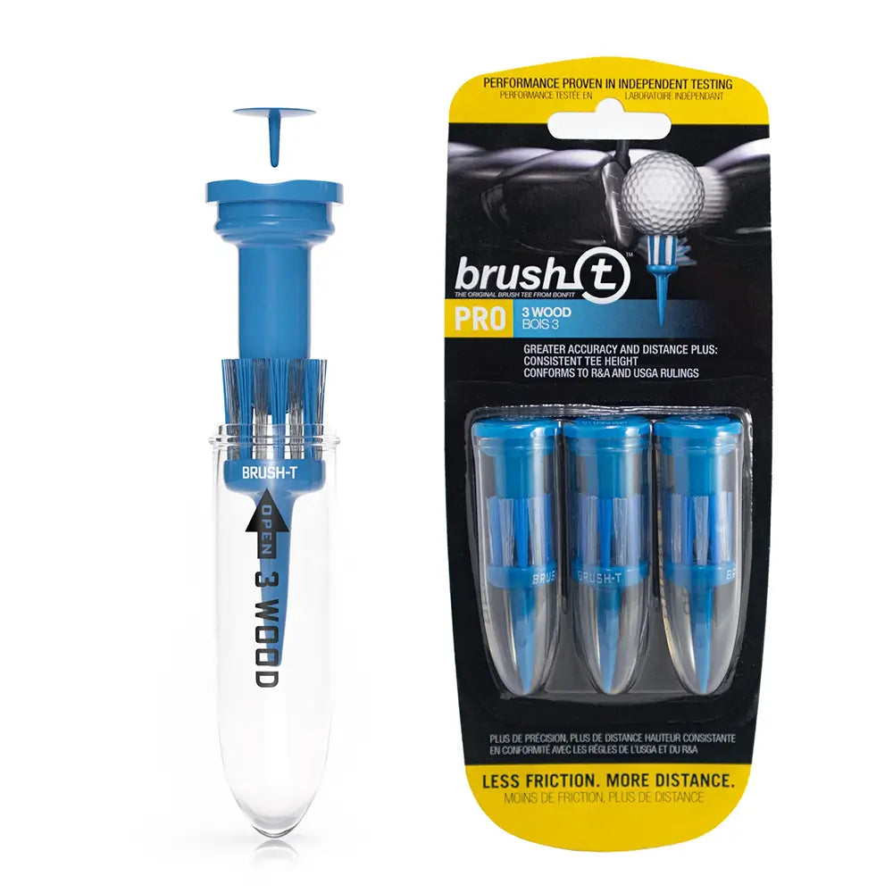 Package of three blue Brusht golf tees on a white background
