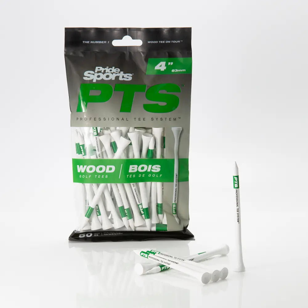 Package of PrideSports 4" white PTS golf tees on a white background
