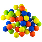 Colorful foam practice balls in blue, green, yellow, and orange on a white background