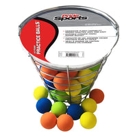 Bucket of colorful foam practice balls with PrideSports label on a white background