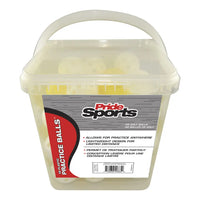 Bucket of PrideSports plastic practice golf balls on a white background