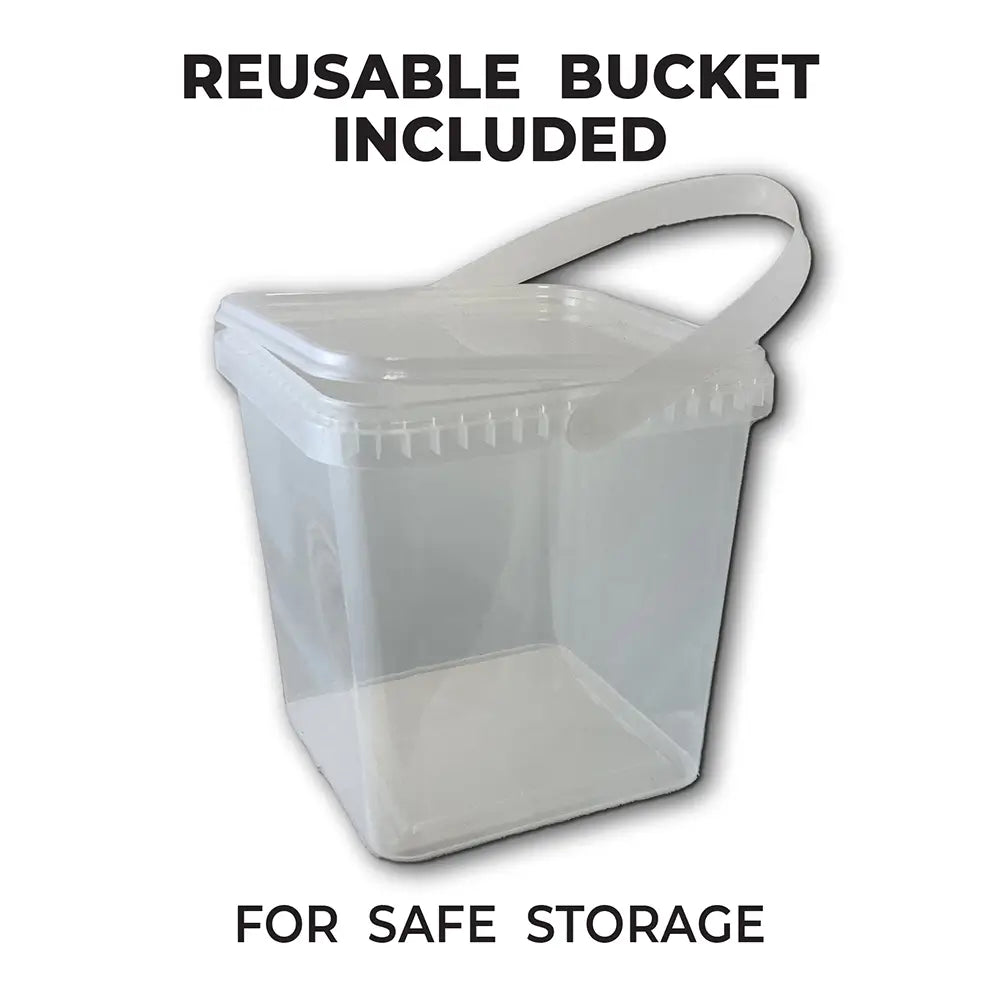 Clear plastic storage bucket with handle on a white background, labeled 'Reusable Bucket Included for Safe Storage'.