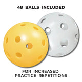 One yellow and one white perforated golf balls with text indicating quantity and practice benefits on a white background.