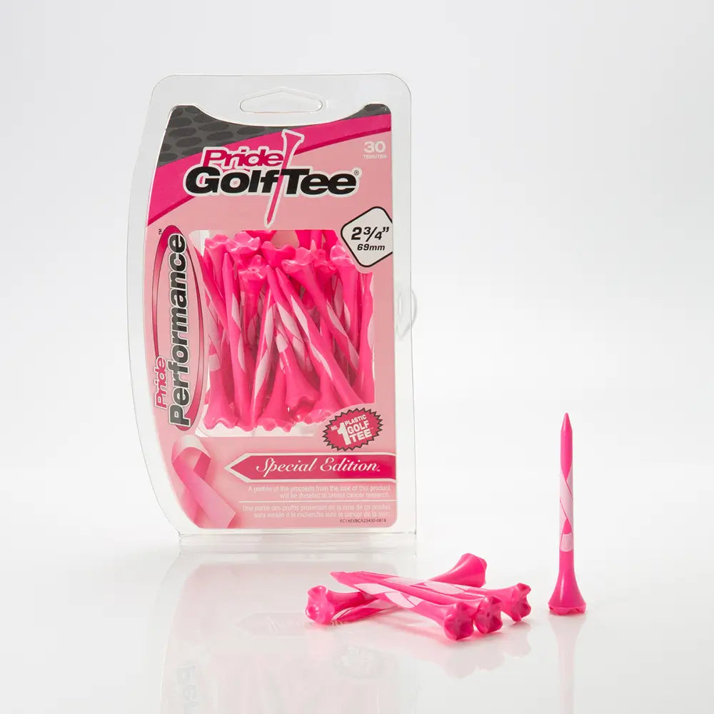 Pink golf tees with packaging on a white background