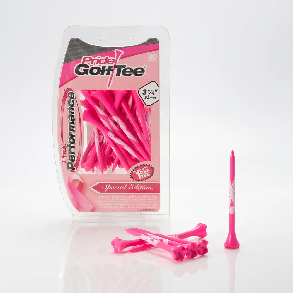 Pink golf tees with packaging on a white background