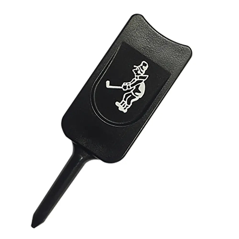 Black one prong divot tool with a logo on a white background