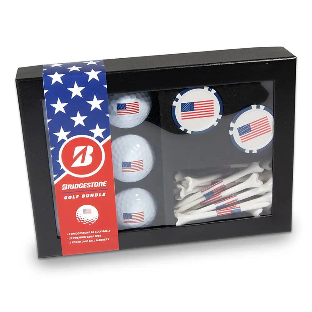 Bridgestone golf bundle set with golf balls, tees, and a flag design on packaging.