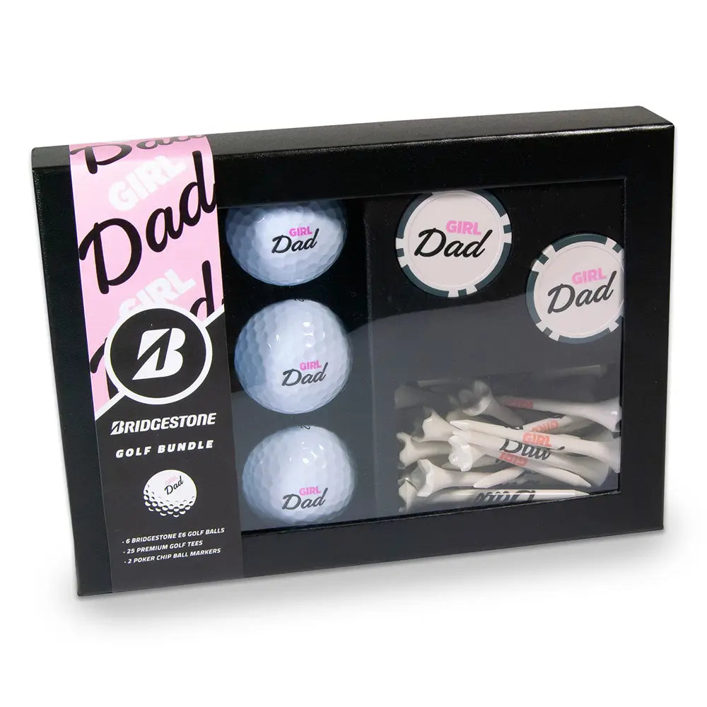 Golf bundle set with golf balls and tees in a gift box, featuring 'Girl Dad' labels.