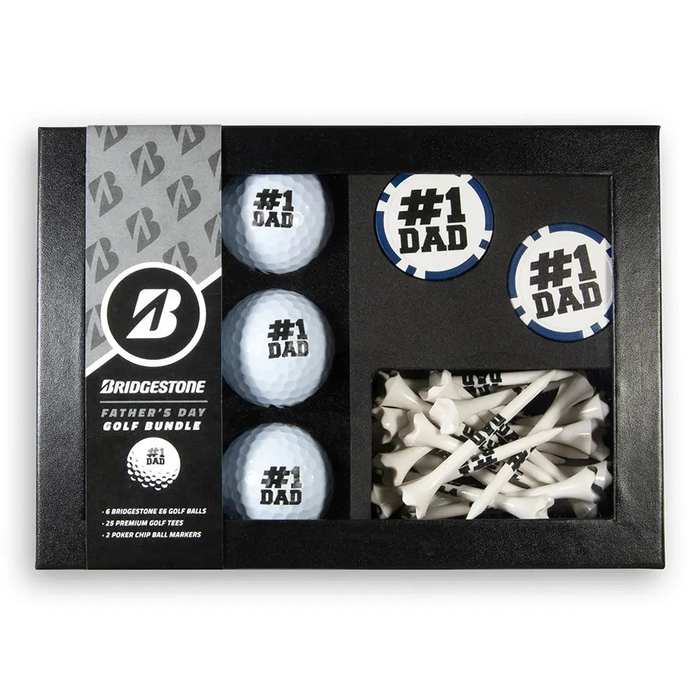 Golf ball and tee set with ' #1 Dad' prints in a gift box.