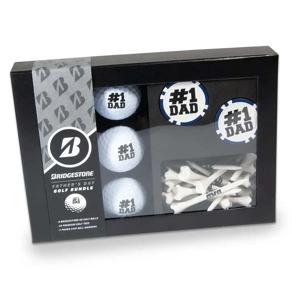 Golf ball and tee set with '#1 Dad' markers in a Bridgestone branded gift box.