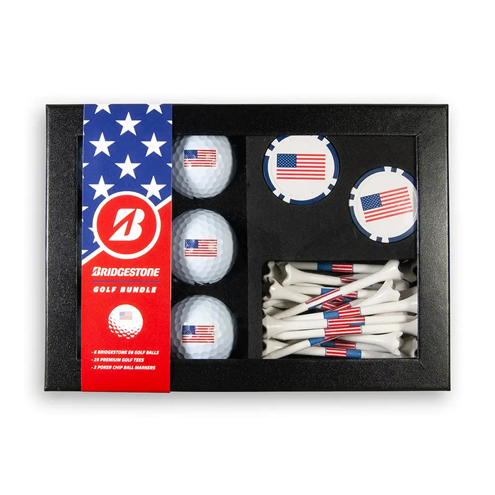 Golf bundle with golf balls, tees, and flags in a box