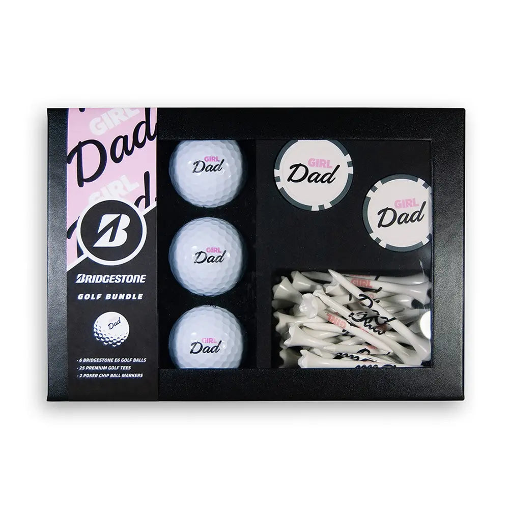 Golf ball and tees set with 'Girl Dad' and Bridgestone branding in a gift box.