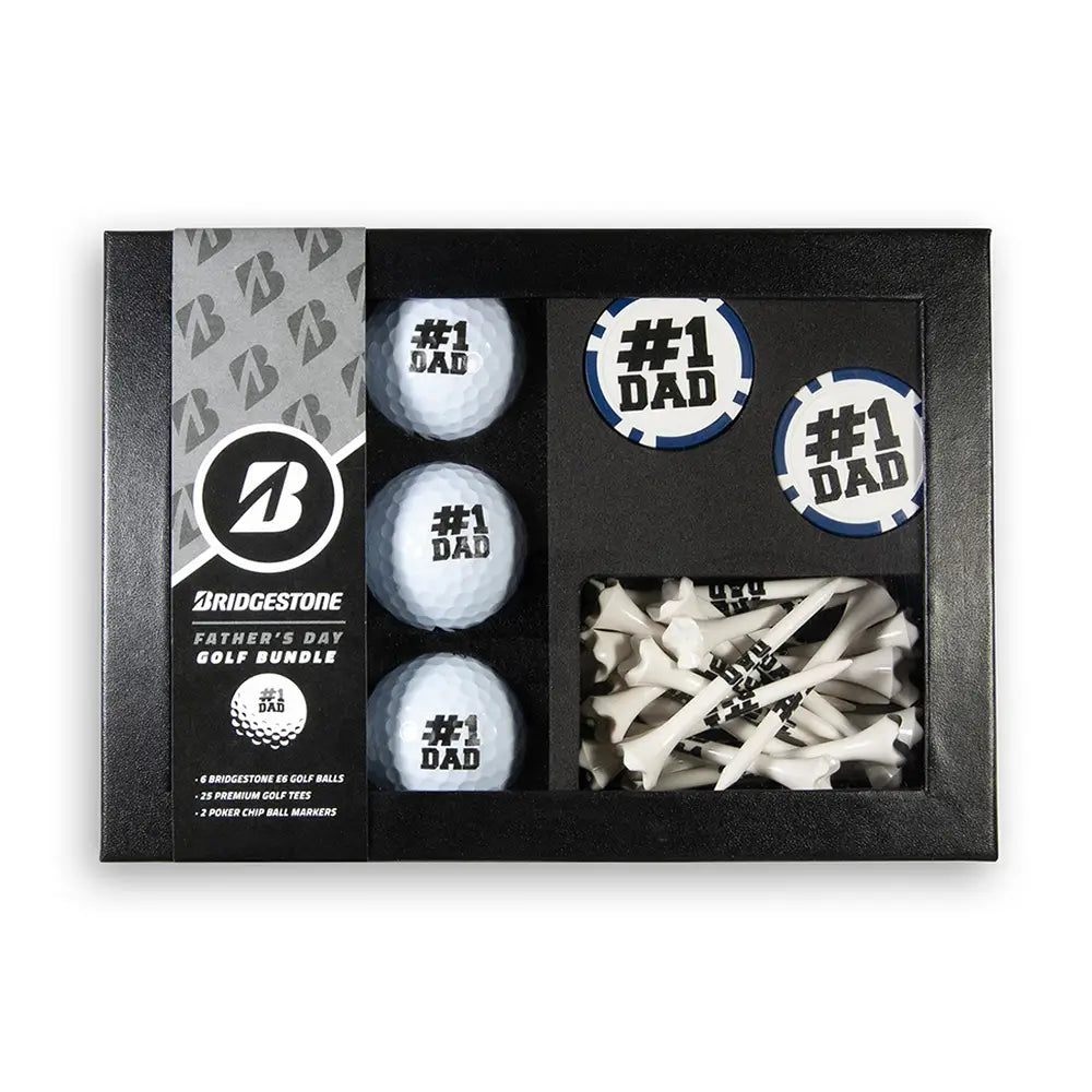 Golf ball and tee set with ' #1 Dad' prints in a gift box.