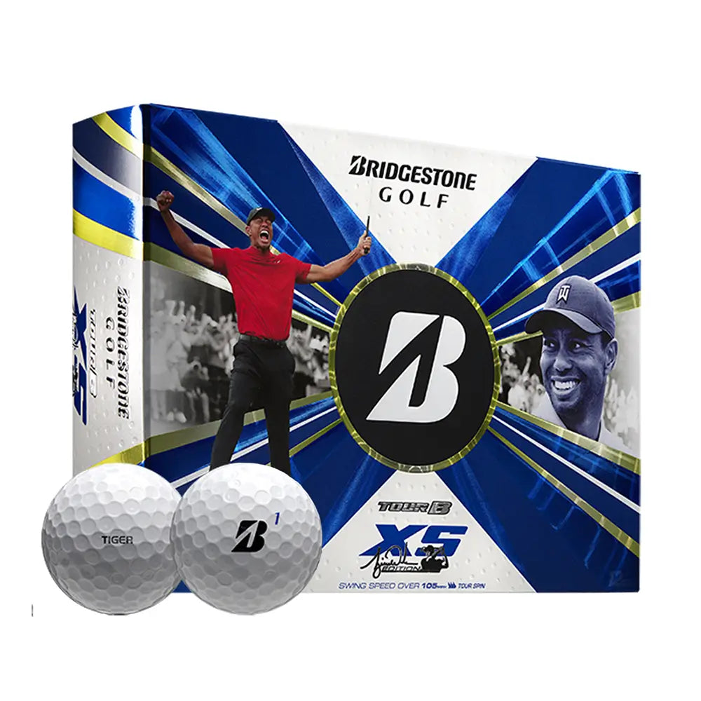 Bridgestone Tour B XS golf ball packaging with Tiger Woods celebrating and the Bridgestone logo.