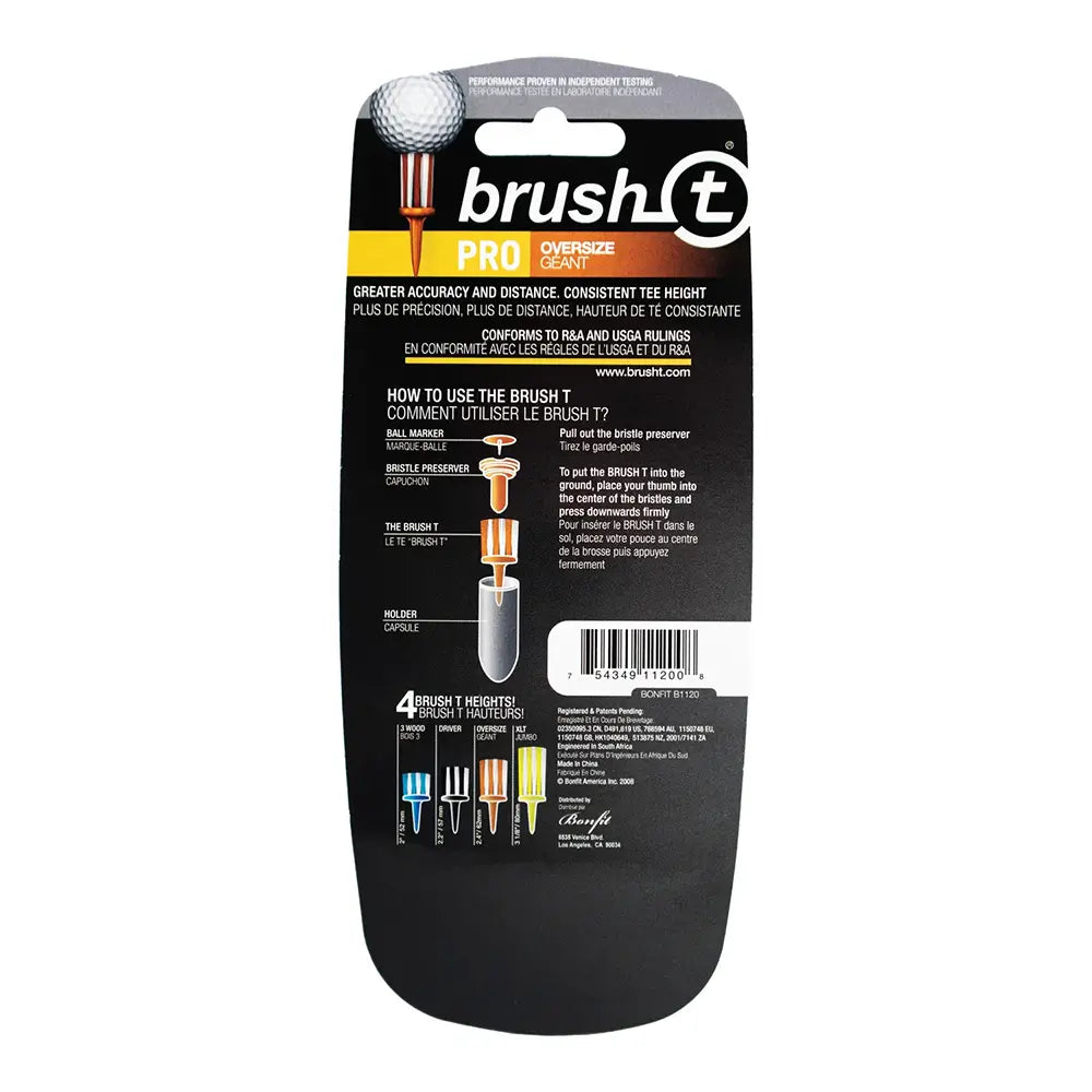 Back package of three orange Brusht golf tees on a white background