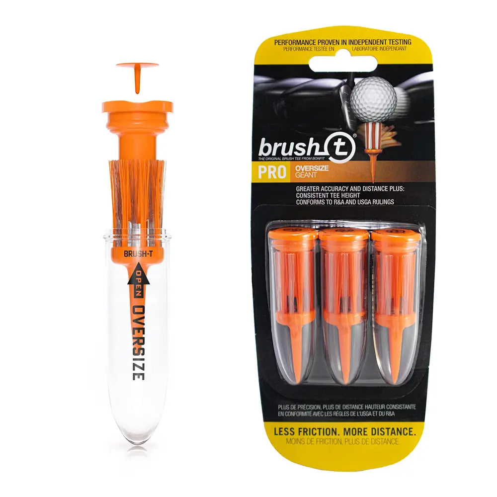 Package of three orange Brusht golf tees on a white background