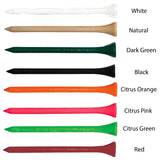 Colorful golf tees labelled with various colors on a white background.