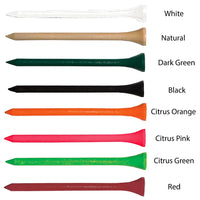 Colorful golf tees labelled with various colors on a white background.