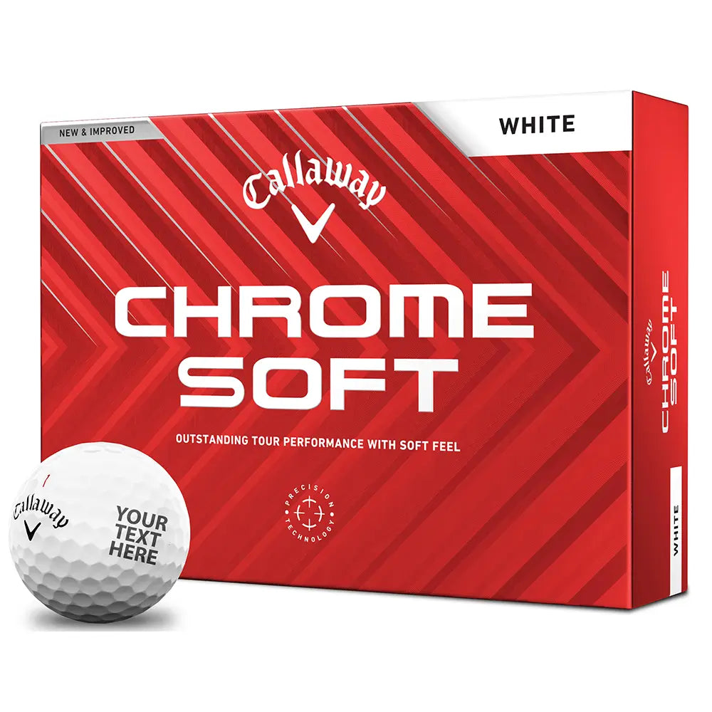Callaway Chrome Soft golf ball box with a golf ball in front on a white background