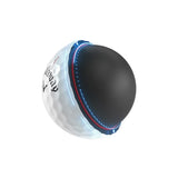 Callaway golf ball cut away detail image showing black and blue insides on a white background