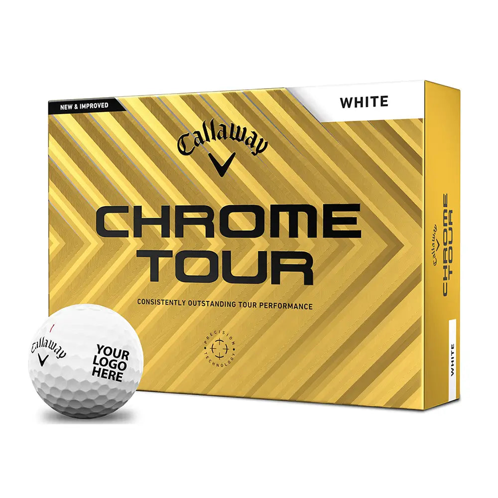 Callaway Chrome Tour golf ball box with a white golf ball in front