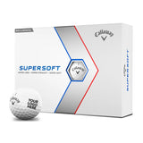 Callaway Supersoft golf ball packaging with a golf ball in front on a white background