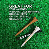 Three 2 3/4" Zarma® FLYtee® Personalized / Custom Golf Tees on green turf. Showing they are great for tournaments, celebrations and gifts. 