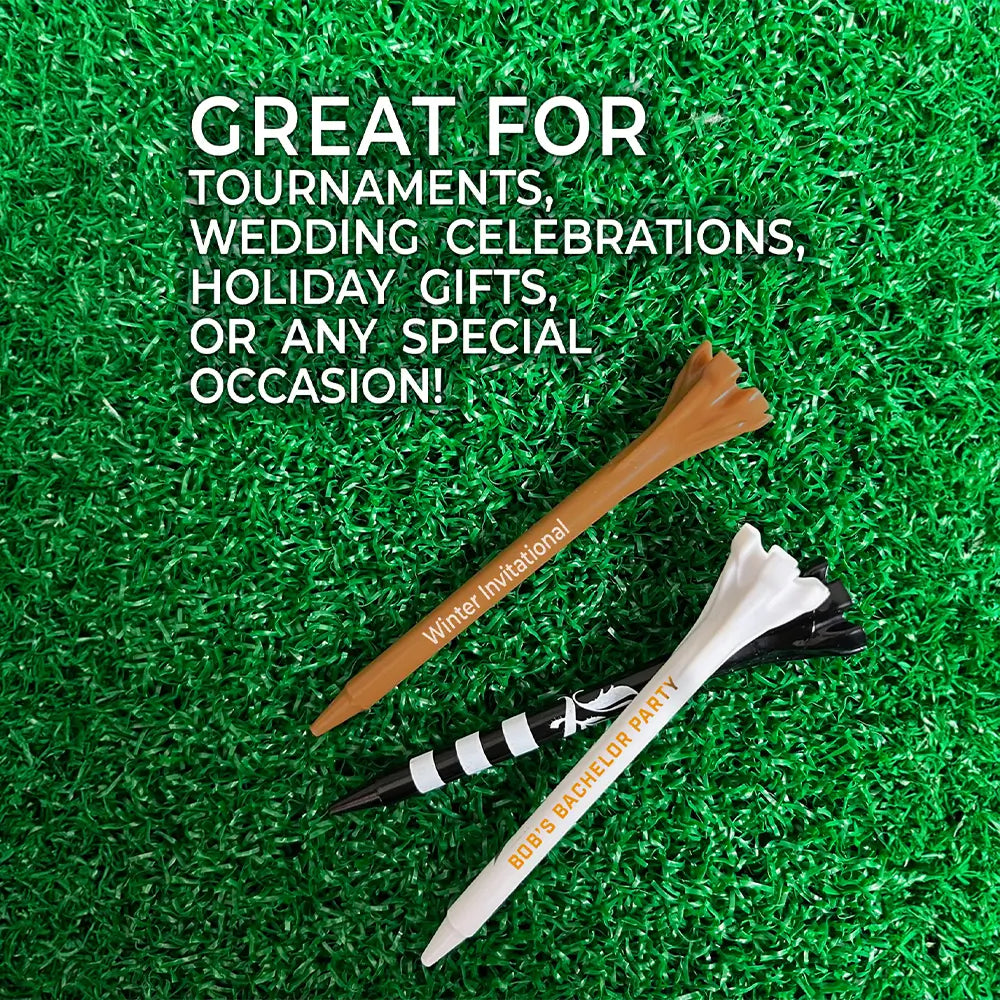 Three 2 3/4" Zarma® FLYtee® Personalized / Custom Golf Tees on green turf. Showing they are great for tournaments, celebrations and gifts. 