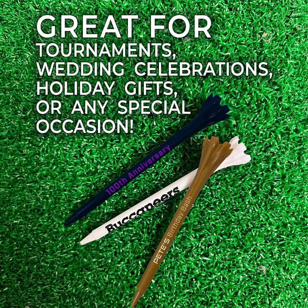 Three 3 1/4" Zarma® FLYtee® Personalized Golf Tees fanned out on turf grass. Showing they are great for tournaments, celebrations, and gifts. 