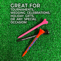 Two 3 1/4" Personalized Pride Performance® Golf Tees showing it's great for tournaments, weddings, celebrations and gifts. 