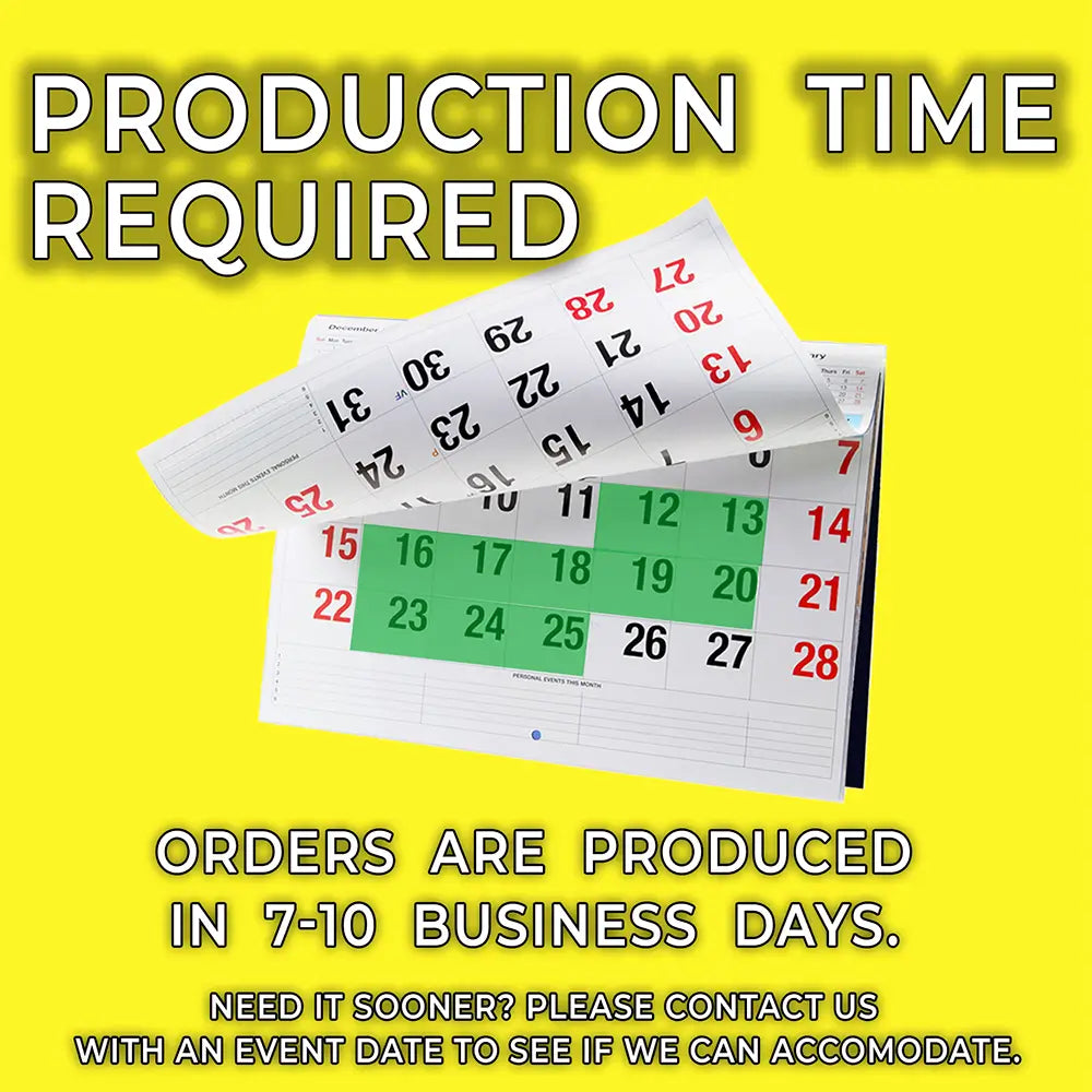 Calendar with theoretical production timeline on a yellow background, indicating production time required for orders.
