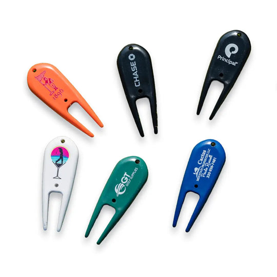 Six custom repair divot tools with different imprinted logos. 