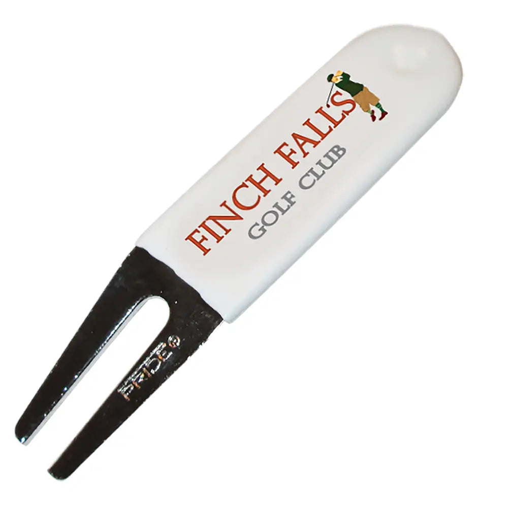 Golf divot tool with 'Finch Falls Golf Club' branding on a white background