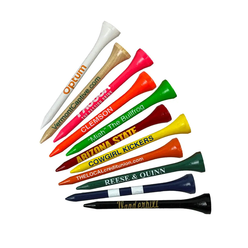 Multiple personalized 2 1/8" Personalized Wood Golf Tees fanned out. 